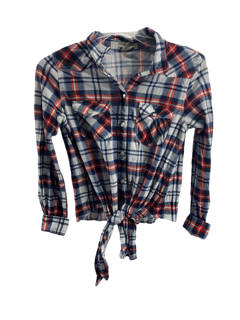Passport Girls' Blue Orange Plaid Tie Waist Button Down Top Youth Size Small
